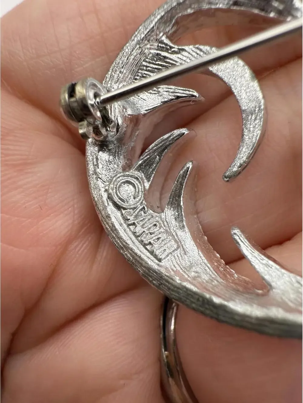 Silver Tone Textured Crescent Brooch Pin Sarah Coventry